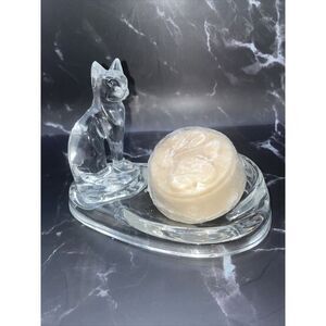 Collectible Cat Trinket Dish w/ Cat Shape Soap Acrylic Lucite Clear MCM